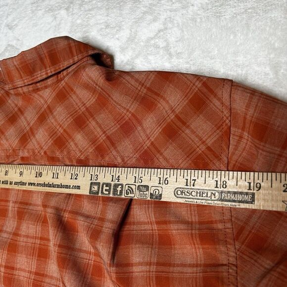 Orvis Classic Mens Medium Orange Plaid Tech Chambray Short Sleeve Work Shirt - Picture 7 of 10